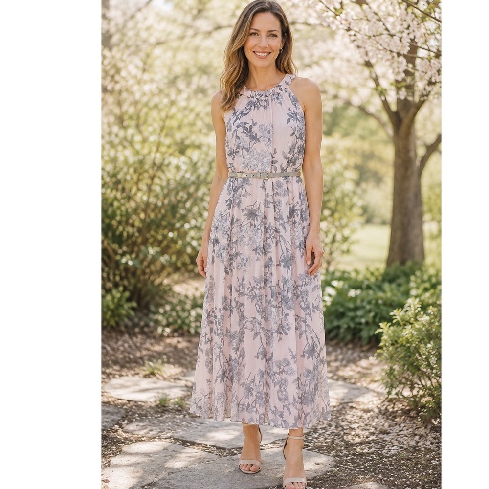 Tommy Hilfiger M Pale Grey Floral Halter Maxi Dress with Belt feminine